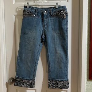 Boston Proper Blue Cropped Jeans with Leopard Trim